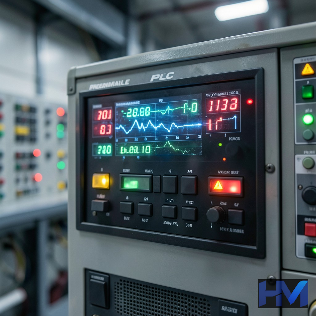 یک کنترلکننده منطقی قابل برنامهریزی (PLC) با نمایشگرهای دیجیتالی مخدوش، نمادی از نفوذ سایبری.