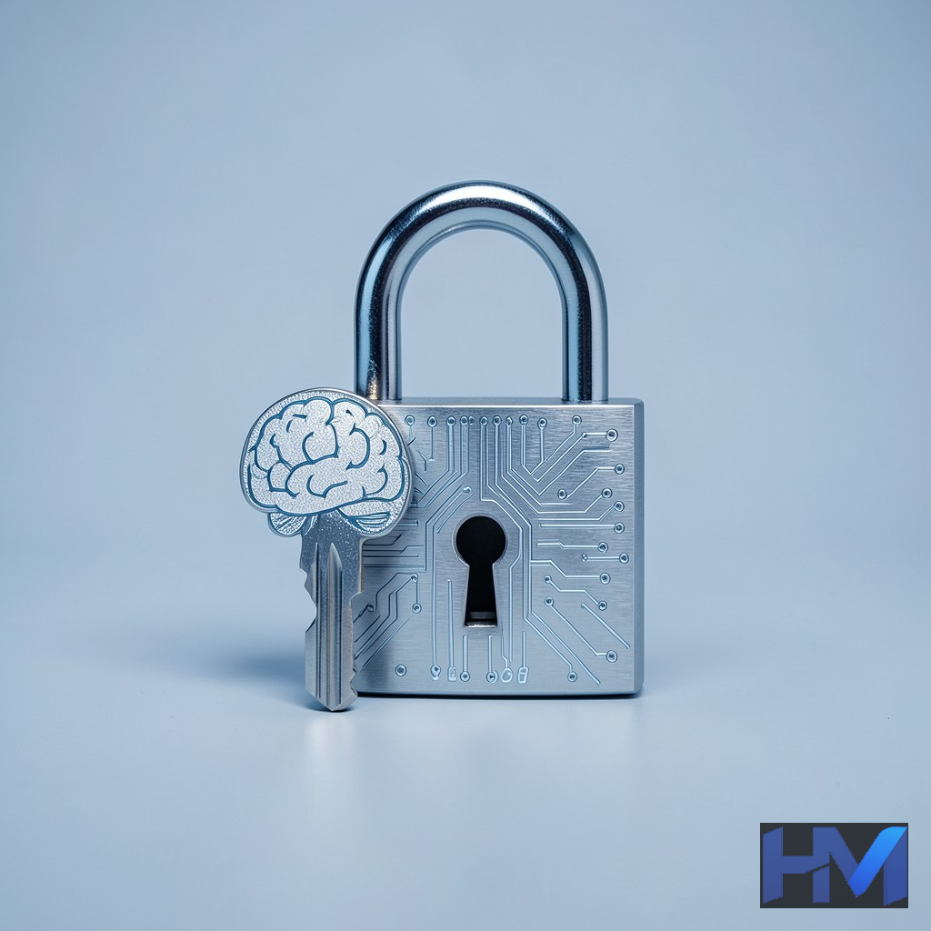 قفل و کلید دیجیتالی به شکل مغز انسان و مدار الکترونیکی، نماد امنیت هوش مصنوعی