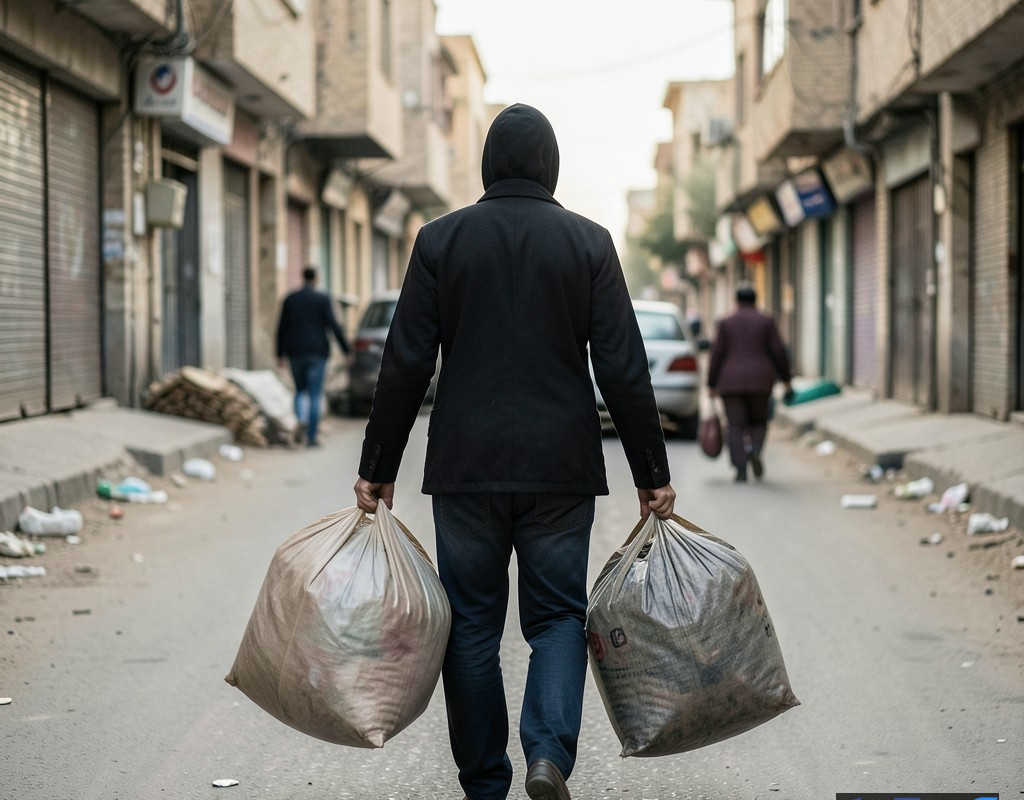 تصویری مفهومی از فردی که با بارهای سنگین در حال حرکت است، نمادی از دشواری معیشت
