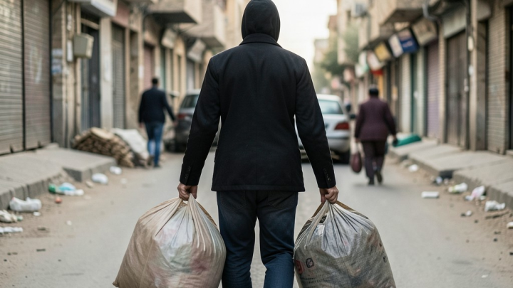 تصویری مفهومی از فردی که با بارهای سنگین در حال حرکت است، نمادی از دشواری معیشت
