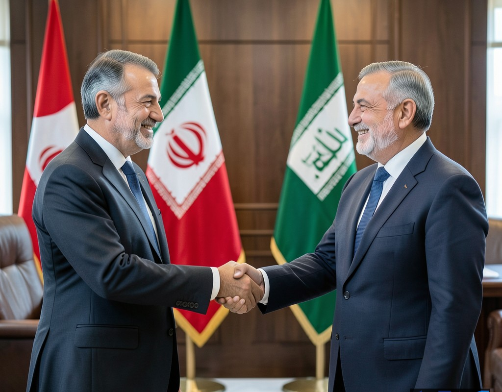 دیدار وزرای خارجه ایران و عربستان در حال دست دادن در یک فضای دیپلماتیک