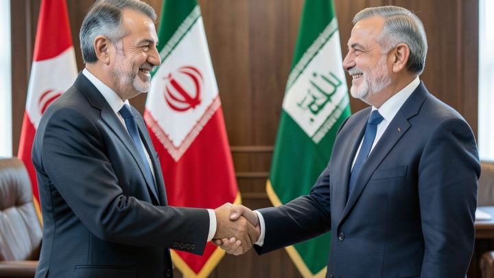 دیدار وزرای خارجه ایران و عربستان در حال دست دادن در یک فضای دیپلماتیک