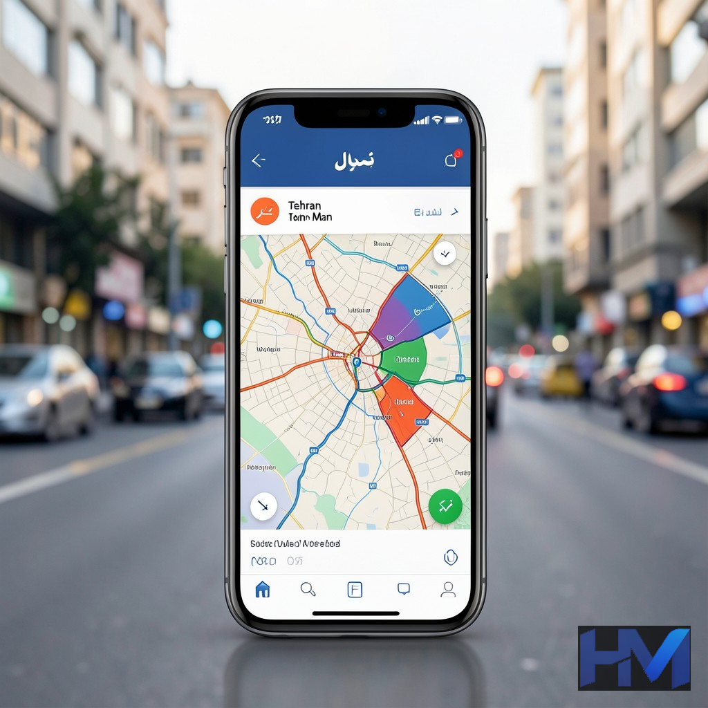 تصویری از اپلیکیشن موبایل برای مدیریت طرح ترافیک تهران با نمایش محدودههای مختلف