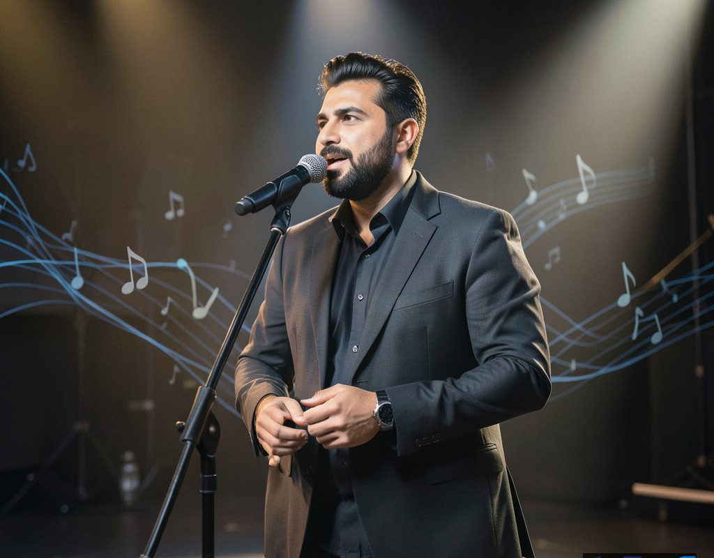 رونمایی آلبوم جدید خواننده پاپ ایرانی در یک صحنه مدرن با نورپردازی گرم