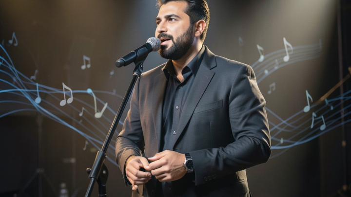 رونمایی آلبوم جدید خواننده پاپ ایرانی در یک صحنه مدرن با نورپردازی گرم