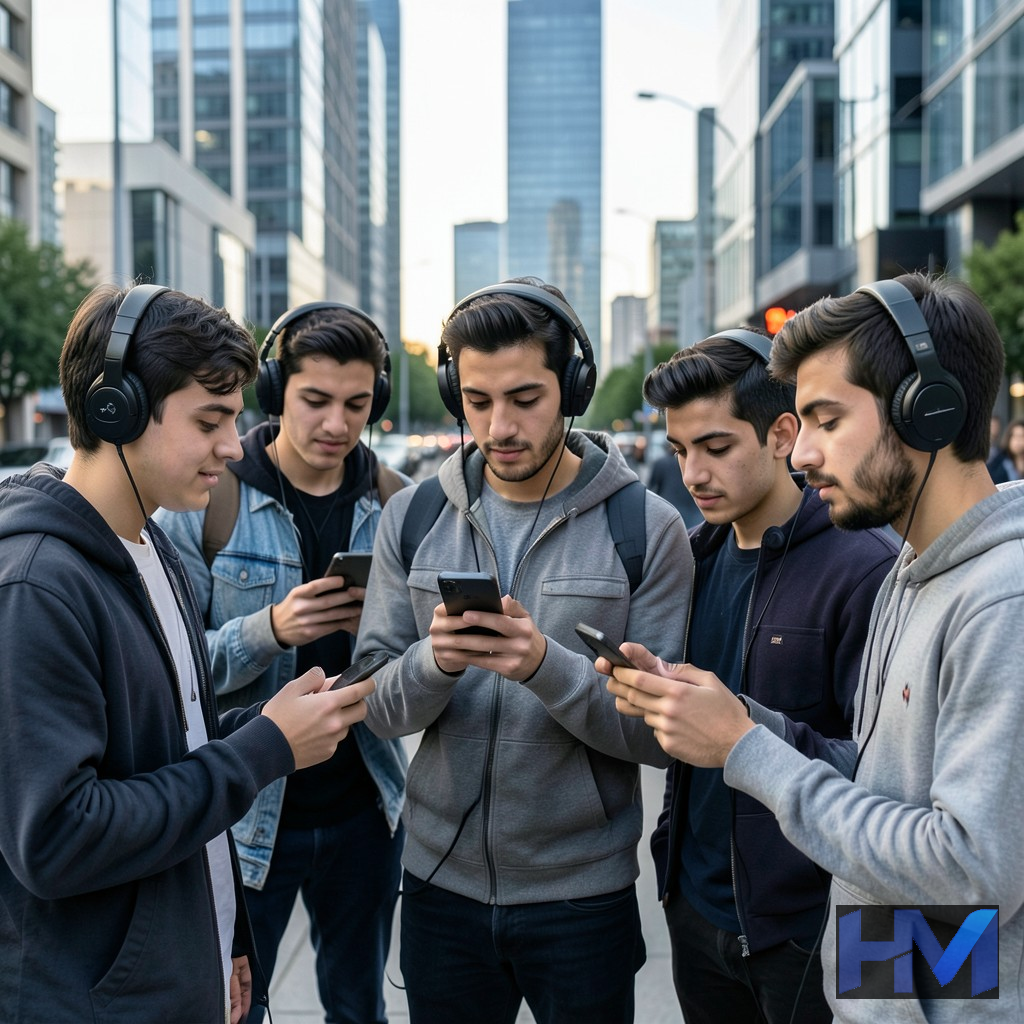 مخاطبان جوان در حال گوش دادن به موسیقی از طریق گوشی‌های هوشمند