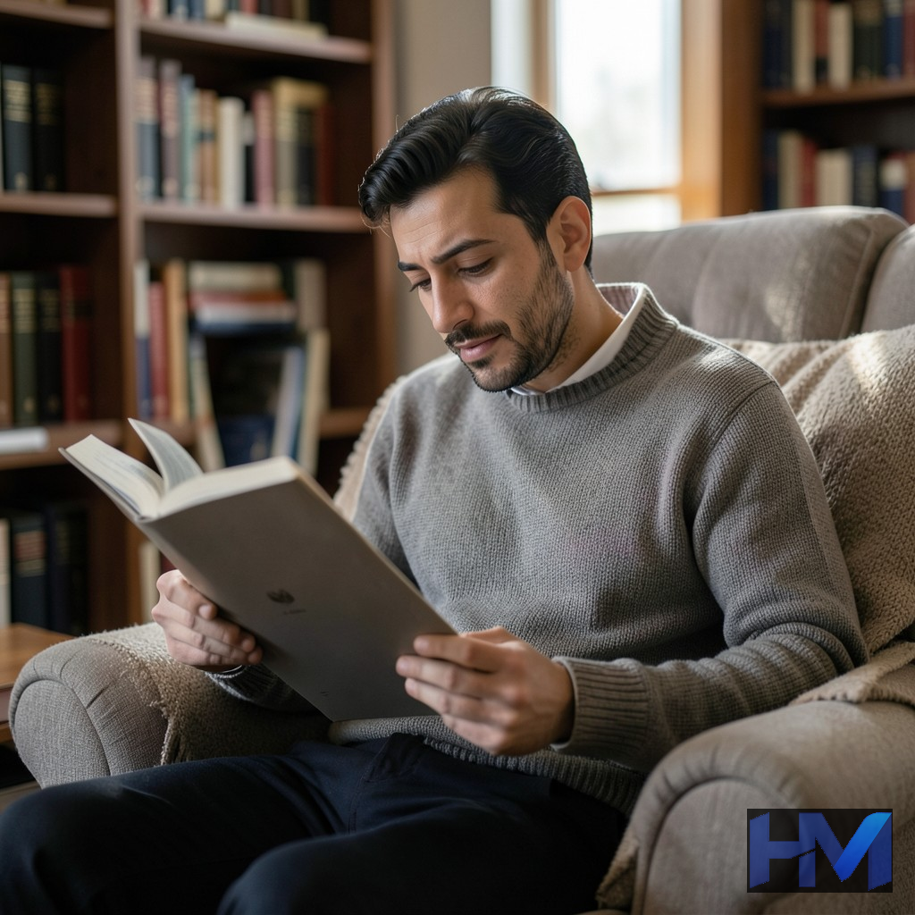 فردی در حال مطالعه کتاب با حالتی متفکر، نماد انتظارات مخاطب از رمان