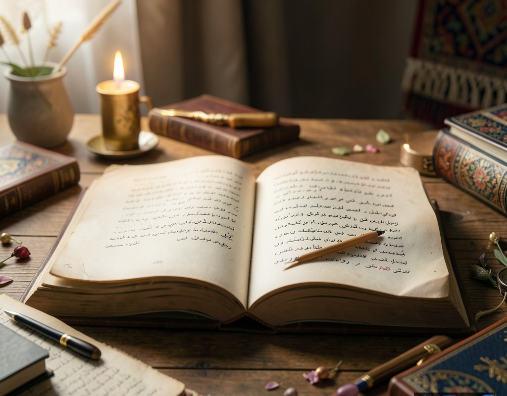 کتابی باز با نور ملایم، نمادی از رونمایی و الهام در ادبیات فارسی