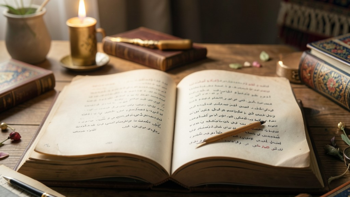 کتابی باز با نور ملایم، نمادی از رونمایی و الهام در ادبیات فارسی