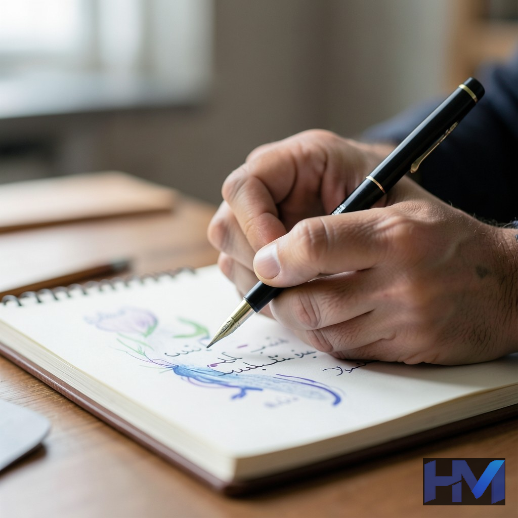 قلمی در حال نوشتن روی کاغذ، نماد خلق اثر و عوامل موفقیت رمان