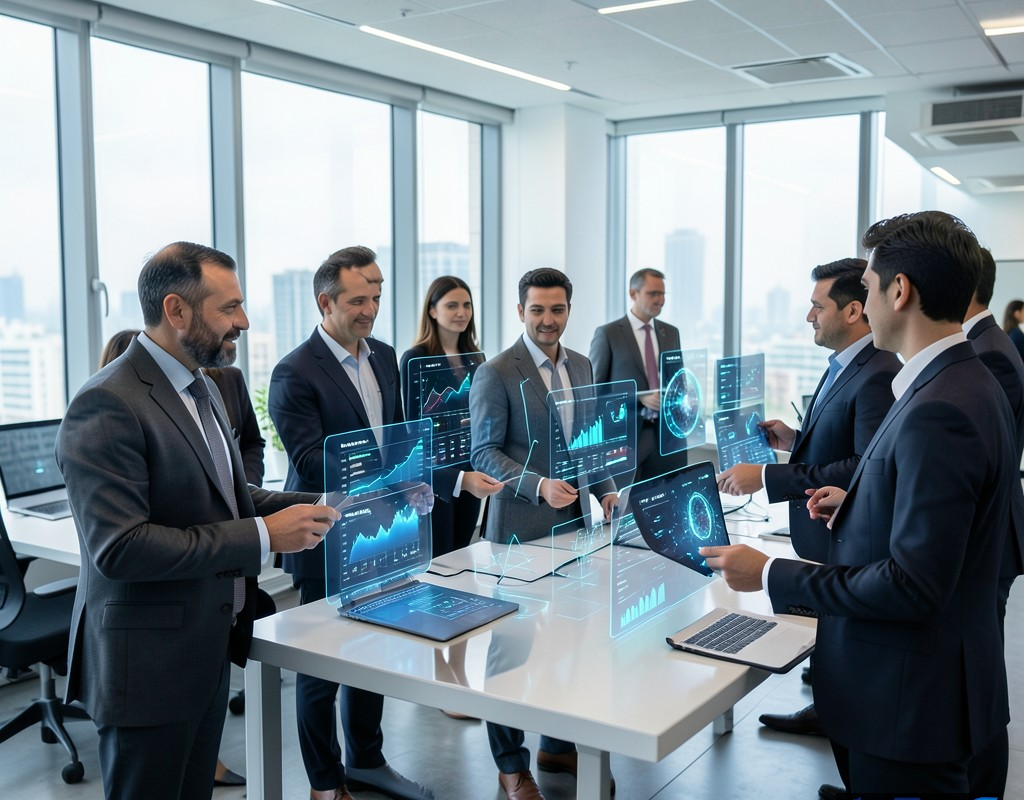 نمایی از محیط کاری مدرن با افراد در حال تعامل با سیستم ERP مبتنی بر هوش مصنوعی