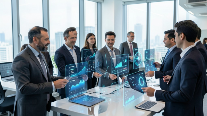 نمایی از محیط کاری مدرن با افراد در حال تعامل با سیستم ERP مبتنی بر هوش مصنوعی