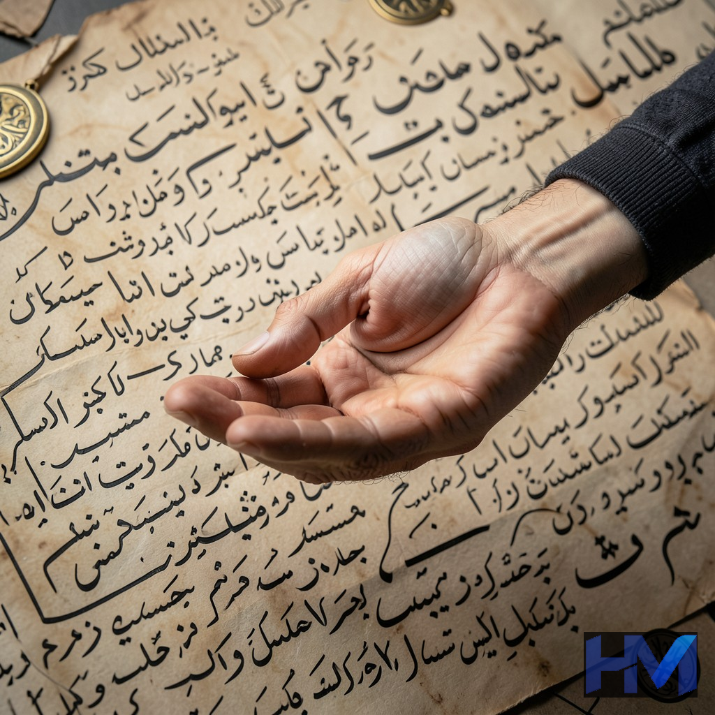 نمادی مفهومی از فرهنگ رضوی شامل دست یاری‌رسان و خطوط فارسی و اردو در هم تنیده.