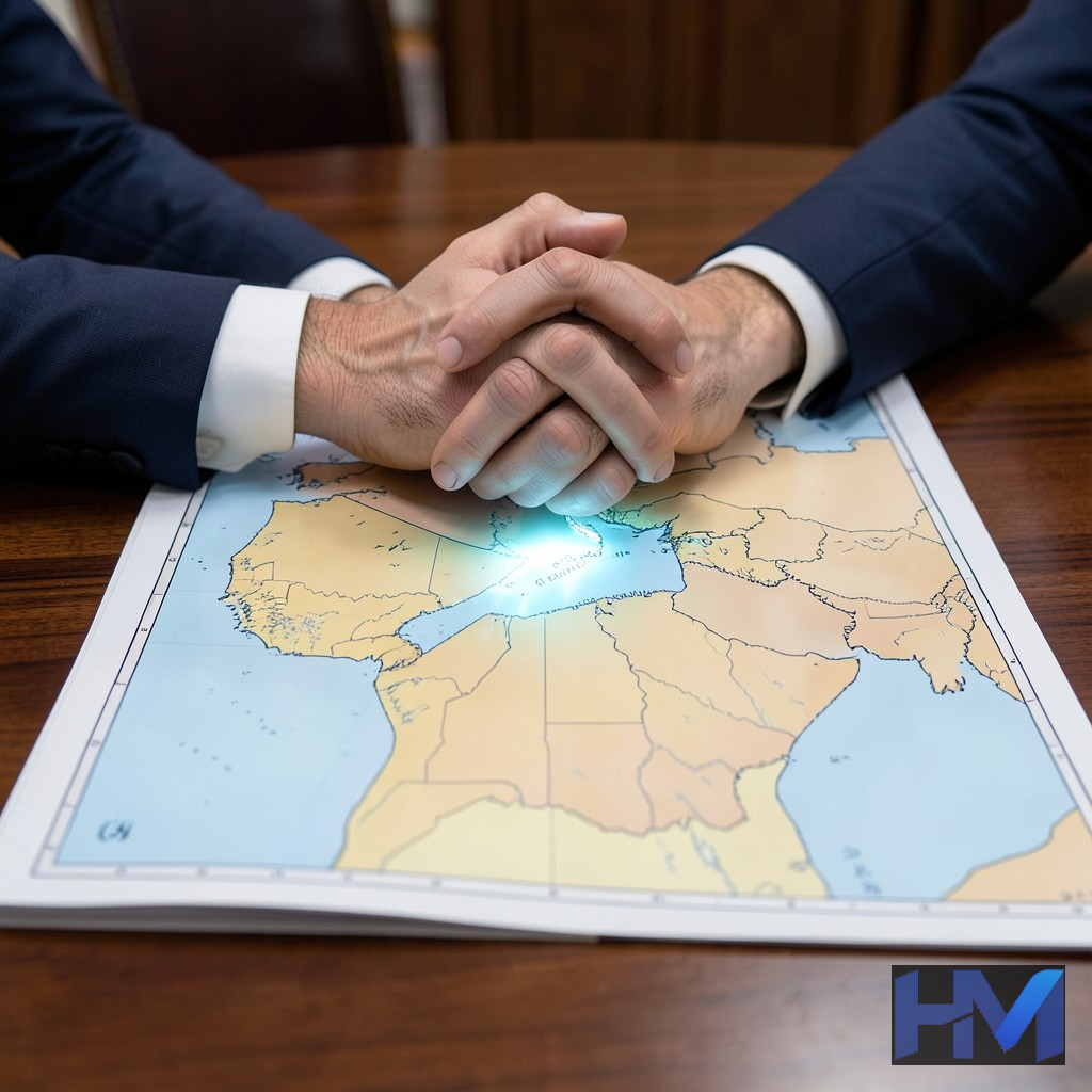 نمادی از مذاکرات دیپلماتیک بر سر تنگه هرمز در نقشه خاورمیانه