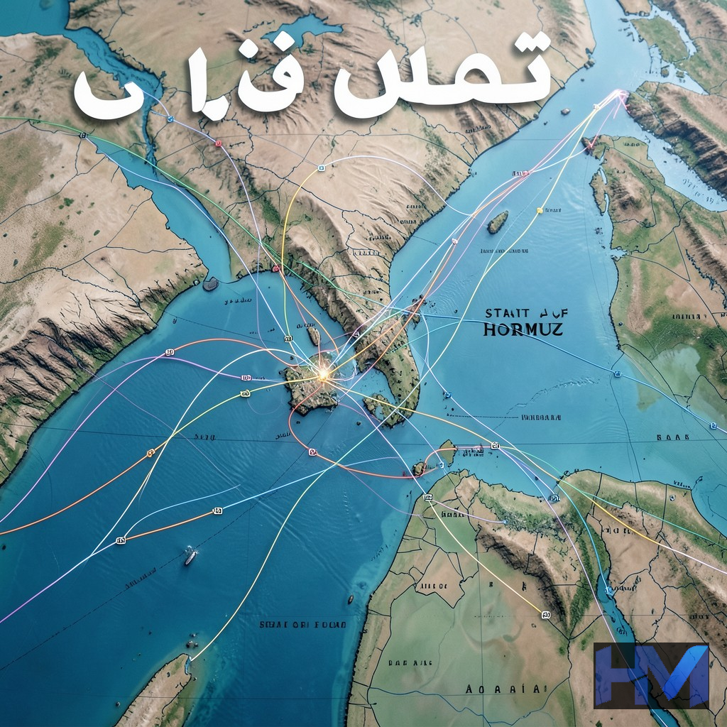 نقشه‌ای مفهومی از تنگه هرمز و مسیرهای تجاری جهانی