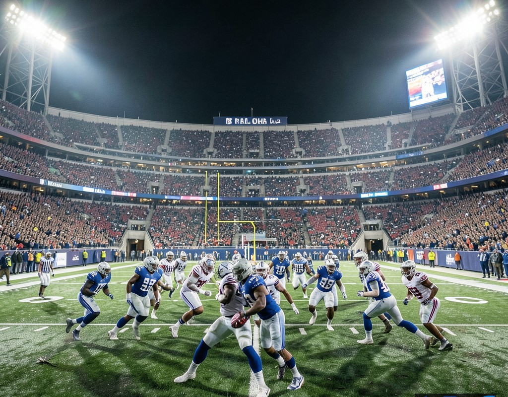 نمایی از ورزشگاه فوتبال آمریکایی در شب در حین بازی تالار مشاهیر NFL