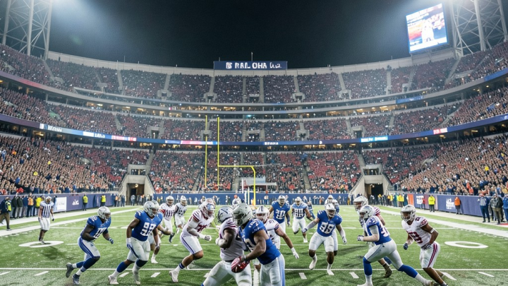 نمایی از ورزشگاه فوتبال آمریکایی در شب در حین بازی تالار مشاهیر NFL