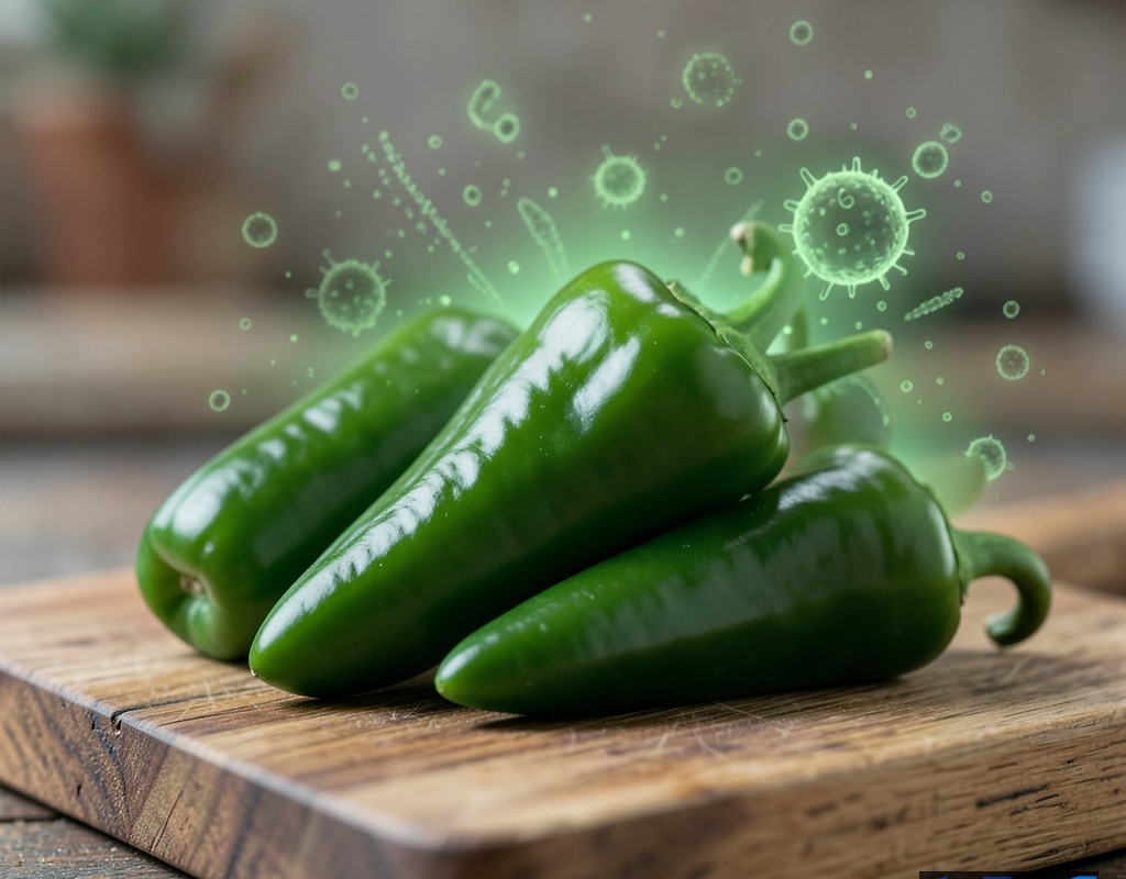 فلفل هالوپینو تازه روی تخته چوبی با نمادی از آلودگی سالمونلا