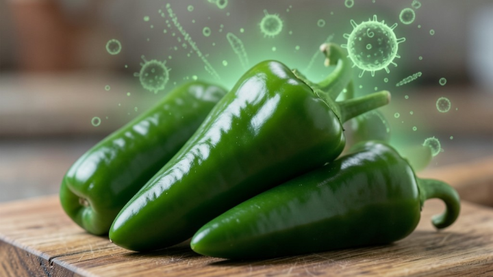 فلفل هالوپینو تازه روی تخته چوبی با نمادی از آلودگی سالمونلا
