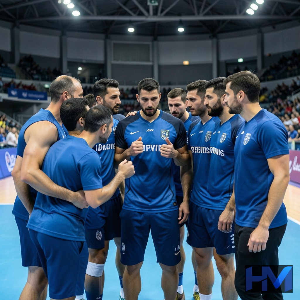 بازیکنان و کادر فنی تیم ملی والیبال ایران در حال مشورت و برنامهریزی تاکتیکی در کنار زمین.