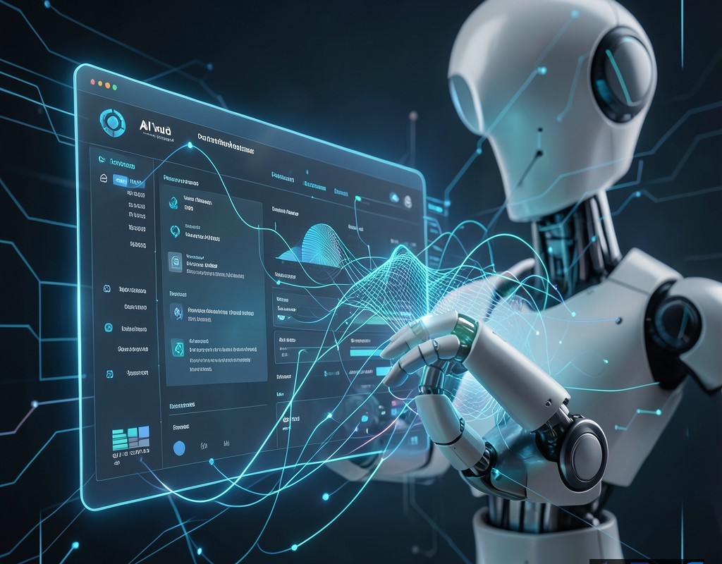 تصویری مفهومی از پلتفرم هوش مصنوعی 247meta.ai با جریان‌های داده و بازوی رباتیک