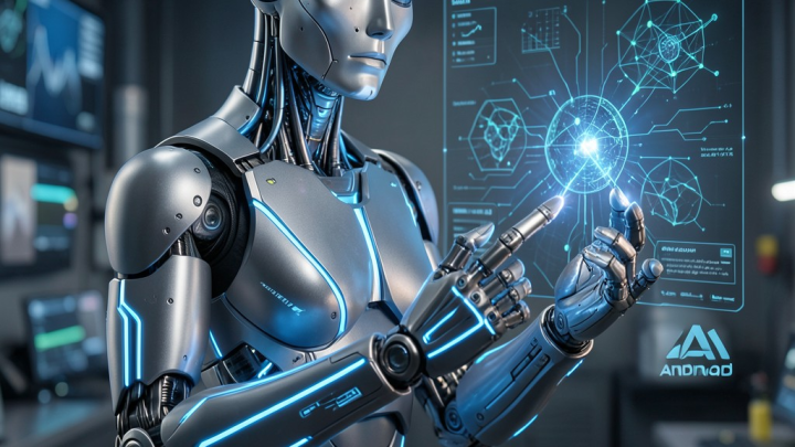ربات انسان‌نما مجهز به هوش مصنوعی Gemini Robotics ER 2 در حال انجام وظایف پیچیده در محیطی آینده‌نگر.