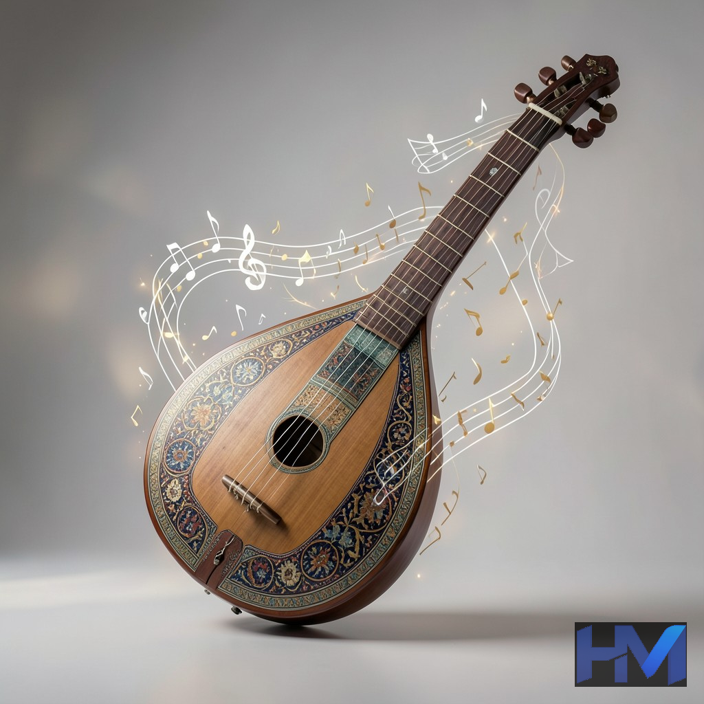 تصویری مفهومی از سازهای سنتی ایرانی و نتهای موسیقی