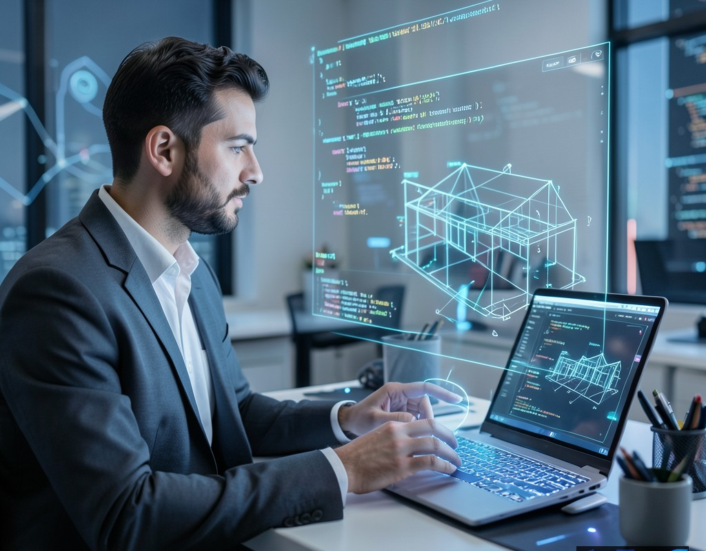 یک توسعه‌دهنده در حال تعامل با رابط کاربری هولوگرافیک Muse Code AI