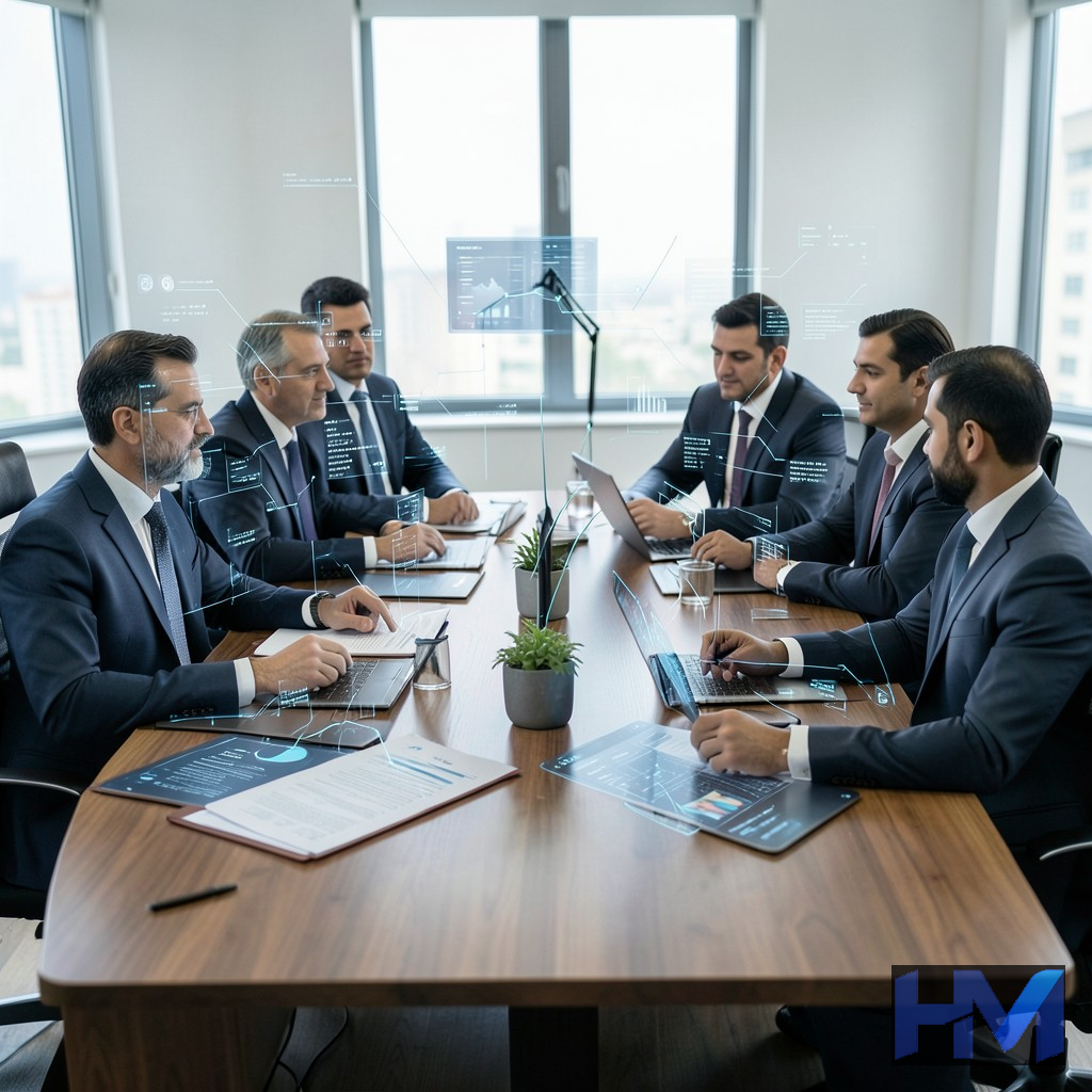 میز جلسه راهبردی با نمادهای تصمیم‌گیری و هماهنگی