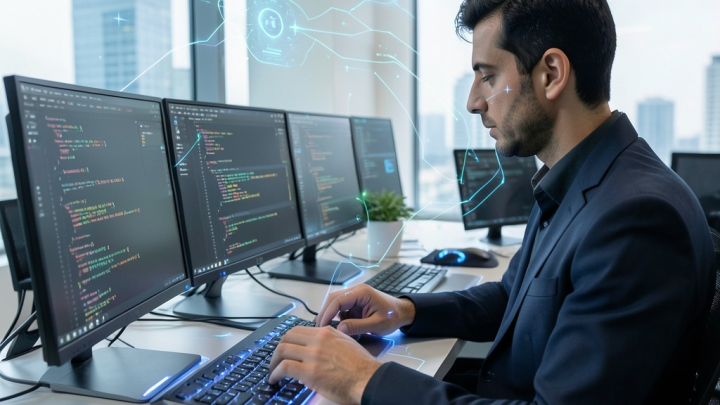یک توسعه‌دهنده نرم‌افزار در حال کار با ابزار کدنویسی هوش مصنوعی Muse Code متا