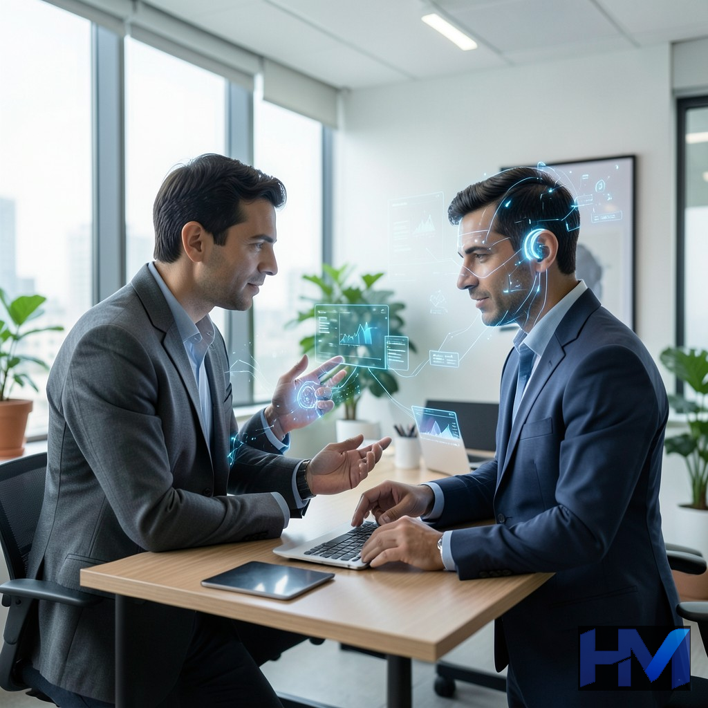 یک ایجنت هوش مصنوعی پیشرفته در حال کمک به کاربر انسانی در محیط کار