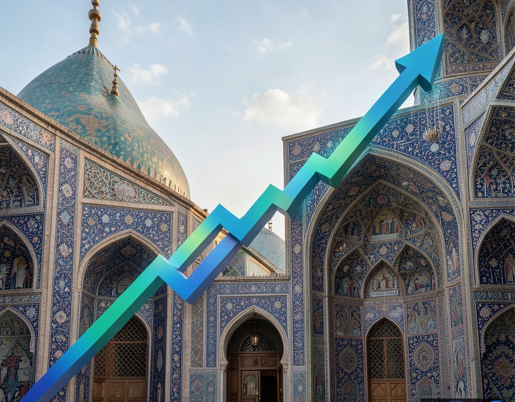 نمایی مفهومی از بهبود و ریکاوری اقتصاد ایران با نمودارهای صعودی و عناصر فرهنگی