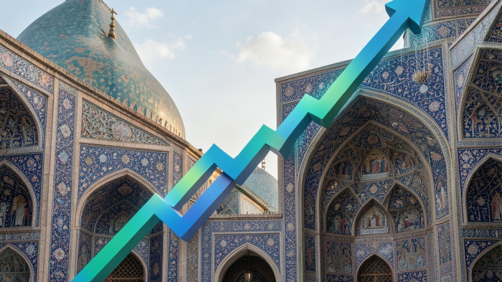 نمایی مفهومی از بهبود و ریکاوری اقتصاد ایران با نمودارهای صعودی و عناصر فرهنگی