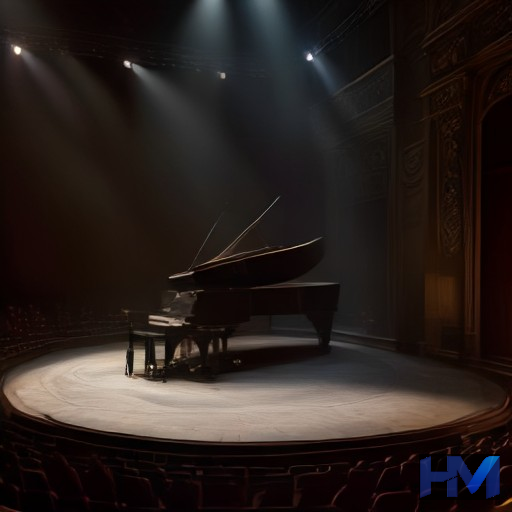 صحنه نمایش پیانیست با پیانویی در مرکز و نورپردازی گرم در مجموعه تئاتر لبخند