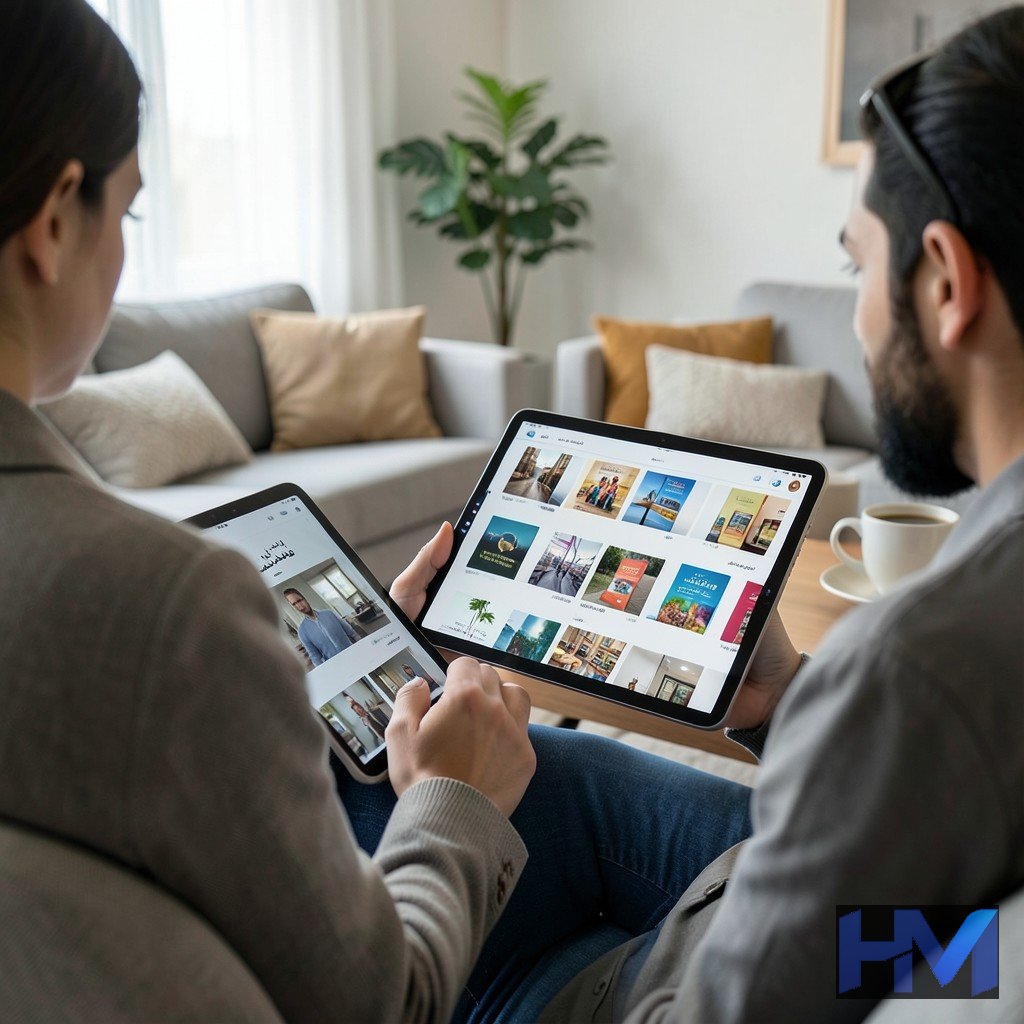 فردی در حال مرور کتاب‌های نمایشگاه مجازی بر روی تبلت