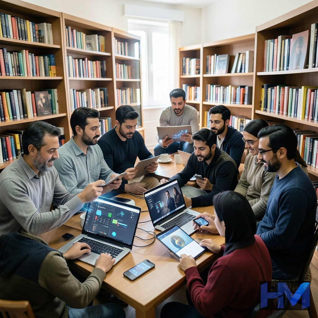 افرادی از شهرهای مختلف ایران در حال مرور قفسه‌های کتاب مجازی با دستگاه‌های هوشمند خود، نمادی از دسترسی فراگیر.