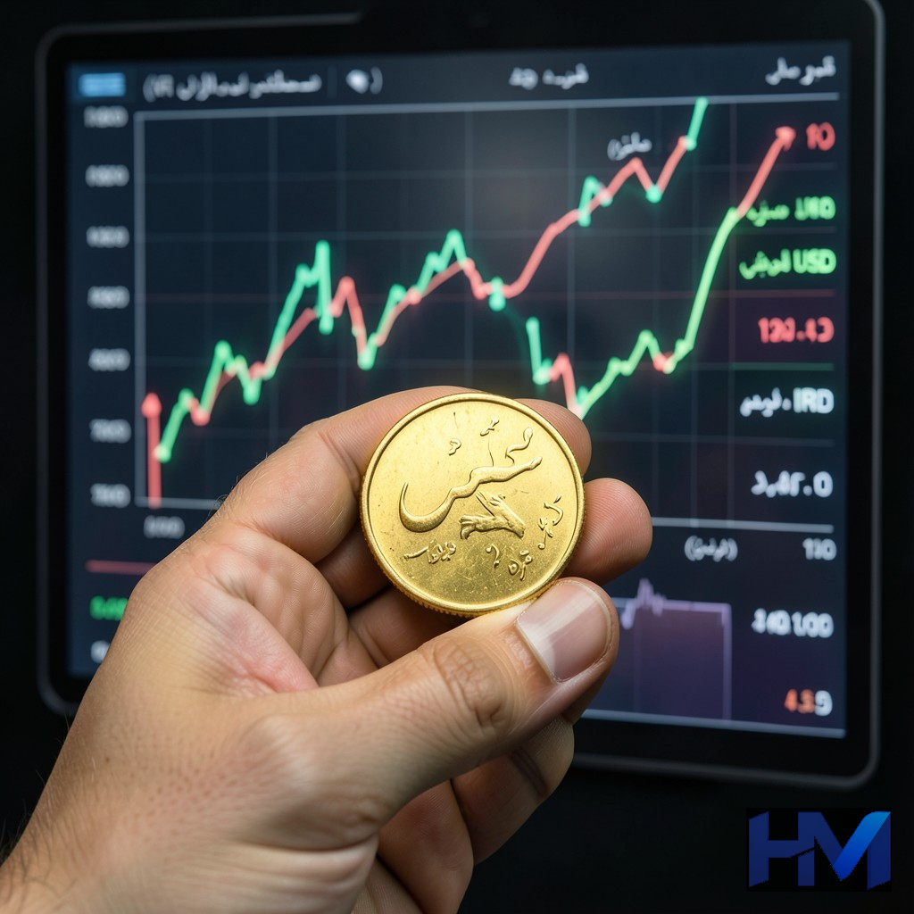 ارتباط نرخ ارز و قیمت طلا در ایران با دست نگهدارنده سکه و نمودار ارز در پسزمینه