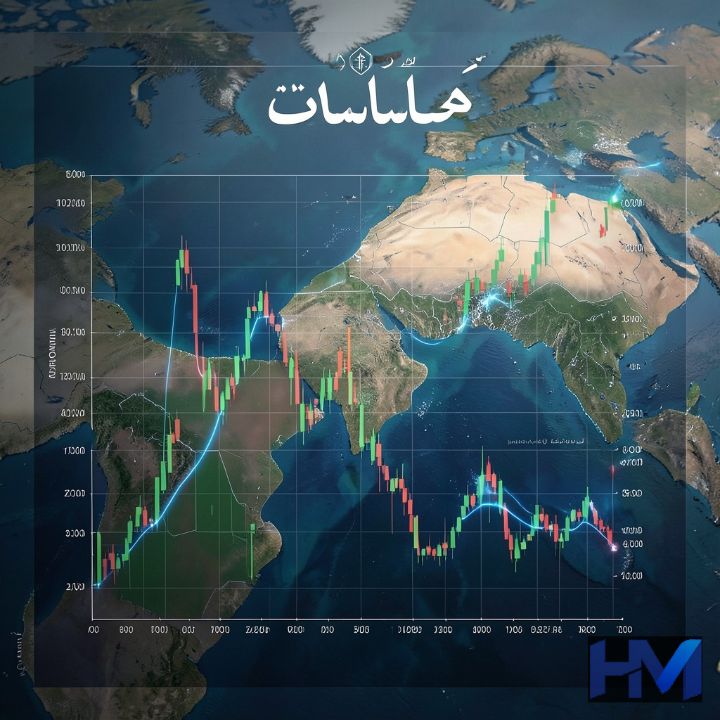 نمودار نوسانات قیمت نفت خام در بازار جهانی با پسزمینه نقشه خاورمیانه.