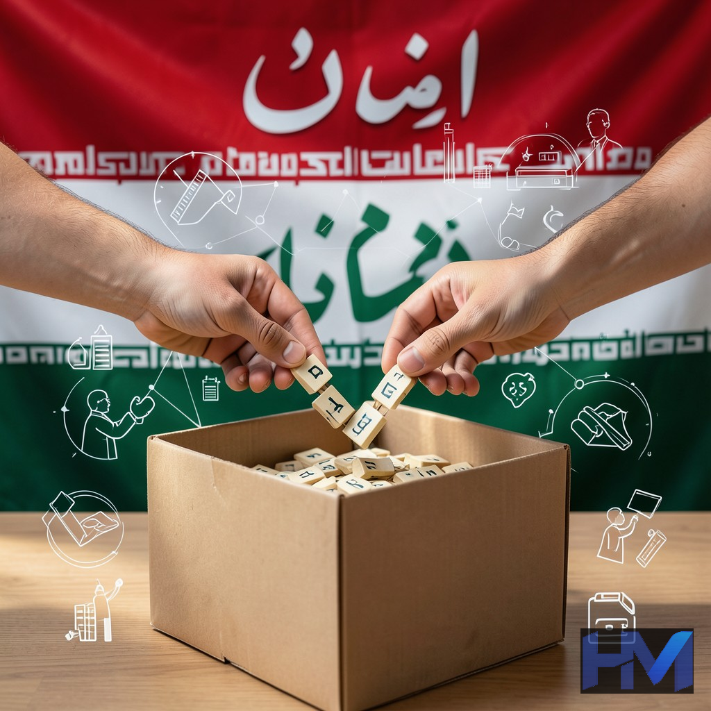 تصویری مفهومی از پرچم عراق در پسزمینه و دستهایی که برگههای رای را به صندوق میاندازند، با نمادهایی از مشارکت سیاسی و انتخابات، بدون هیچ متنی روی تصویر.