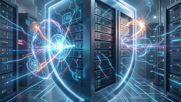 تصویری مفهومی از امنیت سایبری در سال ۲۰۲۶ که یک سپر دیجیتال از سرورهای ابری محافظت می‌کند و تهدیدات هوش مصنوعی در حال تلاش برای نفوذ هستند.