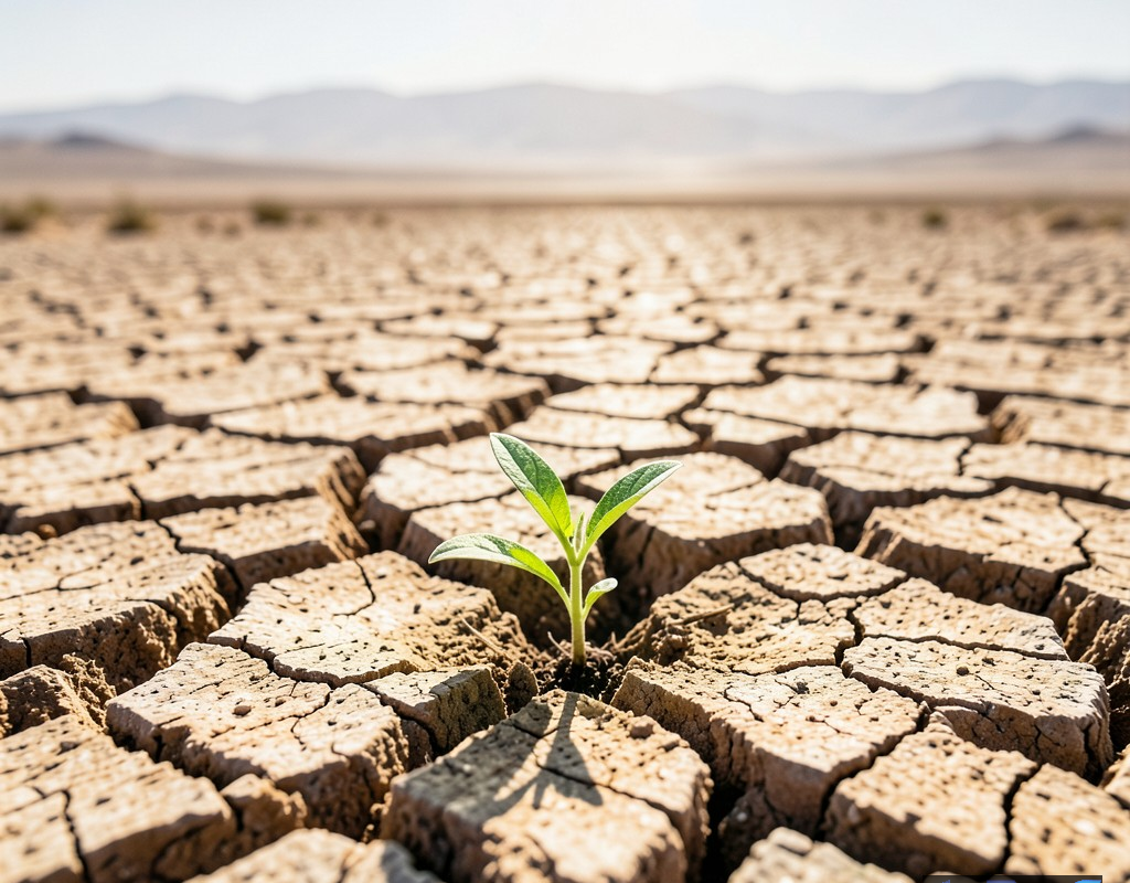 تصویری مفهومی از زمین خشک و ترک خورده با یک جوانه کوچک سبز، نمادی از هشدار زیستمحیطی و کمبود آب در ایران.