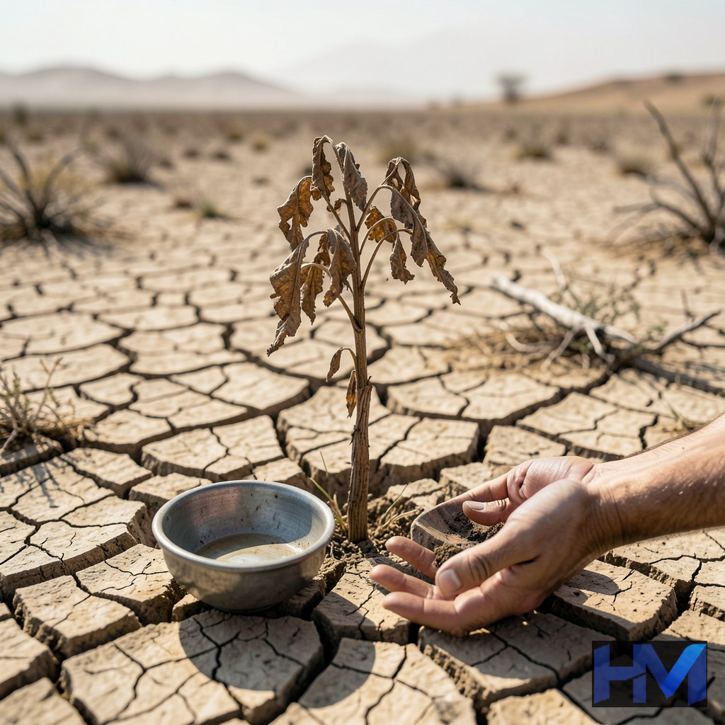 تصویری مفهومی از ناامنی غذایی و قحطی در سودان، با زمینهای خشک و دستان نیازمند.