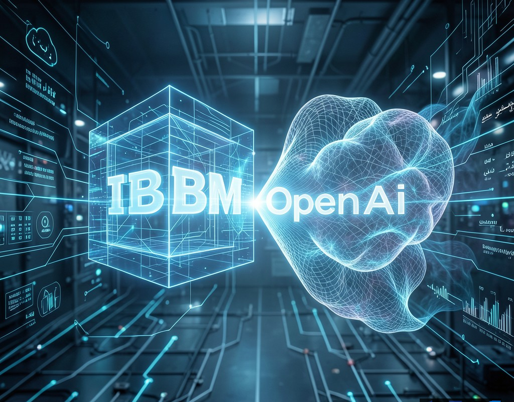 تصویری مفهومی از همکاری استراتژیک IBM و OpenAI در یک محیط دیجیتال پیشرفته
