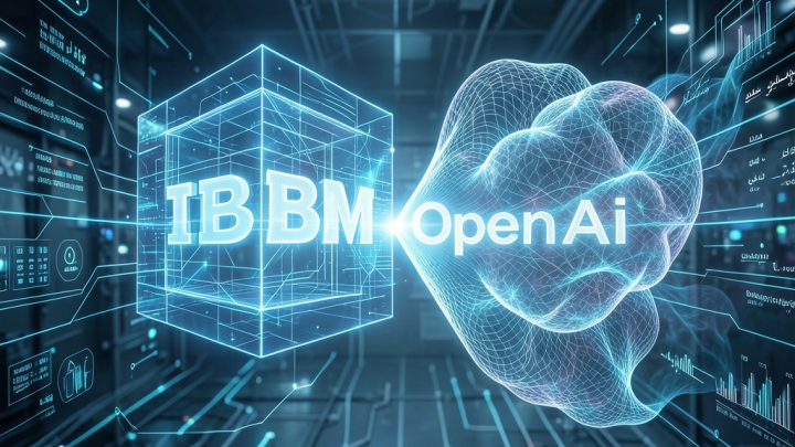 تصویری مفهومی از همکاری استراتژیک IBM و OpenAI در یک محیط دیجیتال پیشرفته