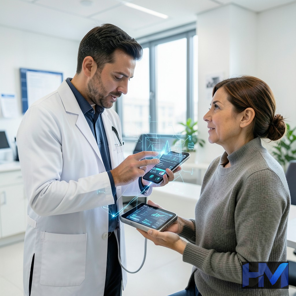 پزشک در حال توضیح نتایج تشخیص هوش مصنوعی به بیمار در کلینیک مدرن