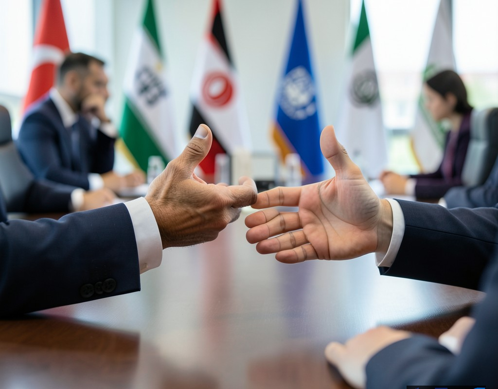دیپلماتی در حال مذاکره در یک نشست بین‌المللی