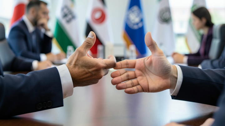 دیپلماتی در حال مذاکره در یک نشست بین‌المللی