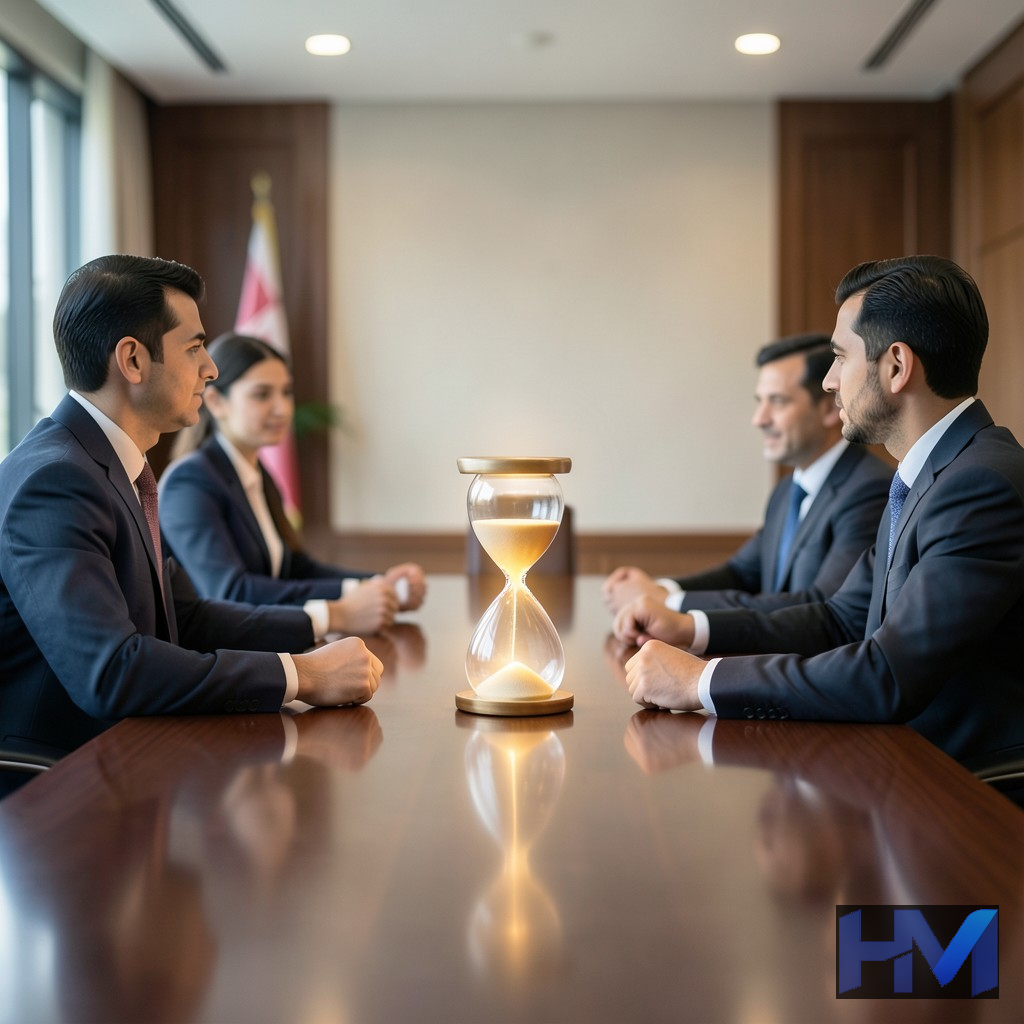 تصویری مفهومی از مذاکرات دیپلماتیک با دو چهره مبهم پشت میز و یک ساعت شنی در مرکز