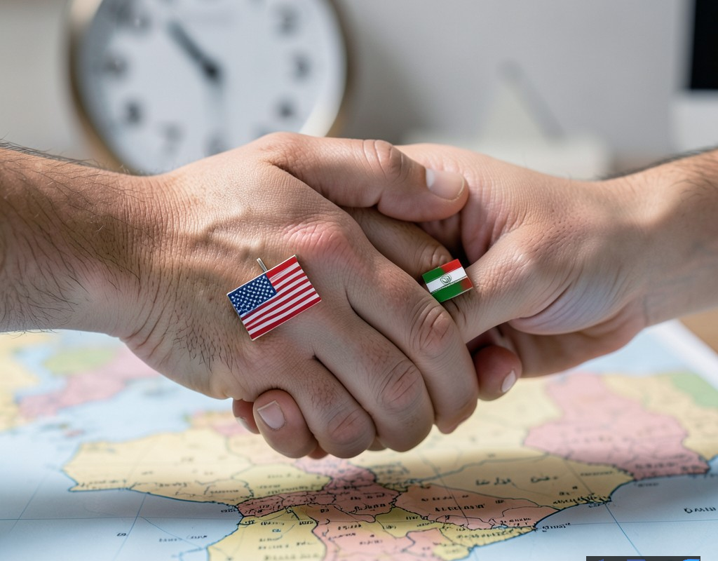دو دست با سرآستینهای پرچم آمریکا و ایران در حال دست دادن بر روی نقشه خاورمیانه با ساعت در پسزمینه