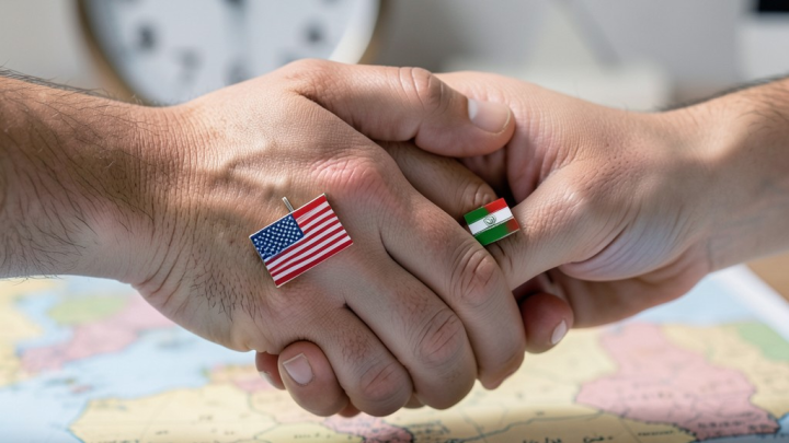 دو دست با سرآستین‌های پرچم آمریکا و ایران در حال دست دادن بر روی نقشه خاورمیانه با ساعت در پس‌زمینه